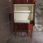 Natural Wood Veneer Tall Sideboard with Gold-Tone Stainless Steel Inlays, Glass Shelf and Geometric Open-Frame Base